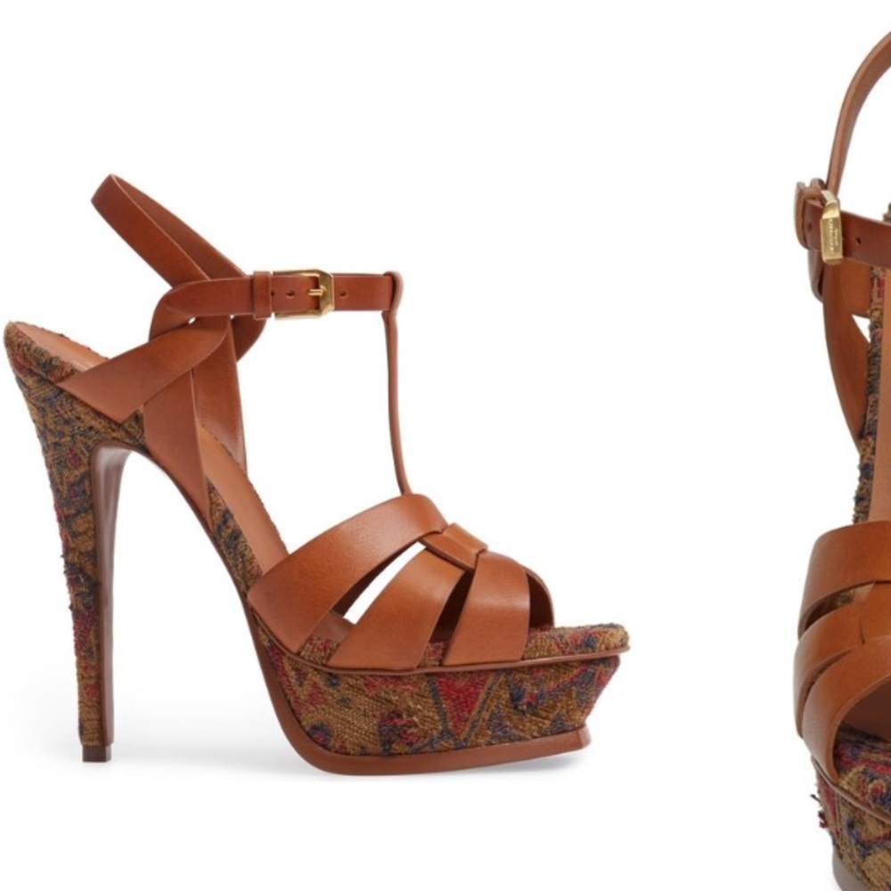 Yves Saint Laurent Brown Leather T-Strap Platform Heels with Multicolor Fabric